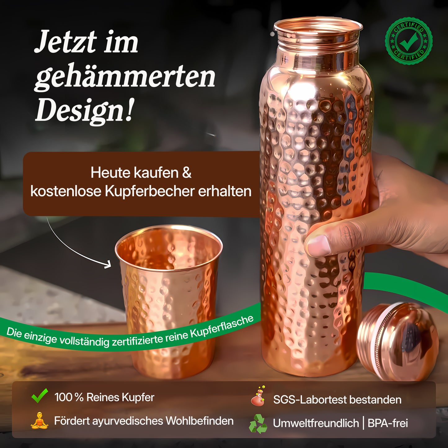 Zertifizierte Ayurveda® Reine Kupfer--Wasserflasche –- V2 Handgehämmerte Edition