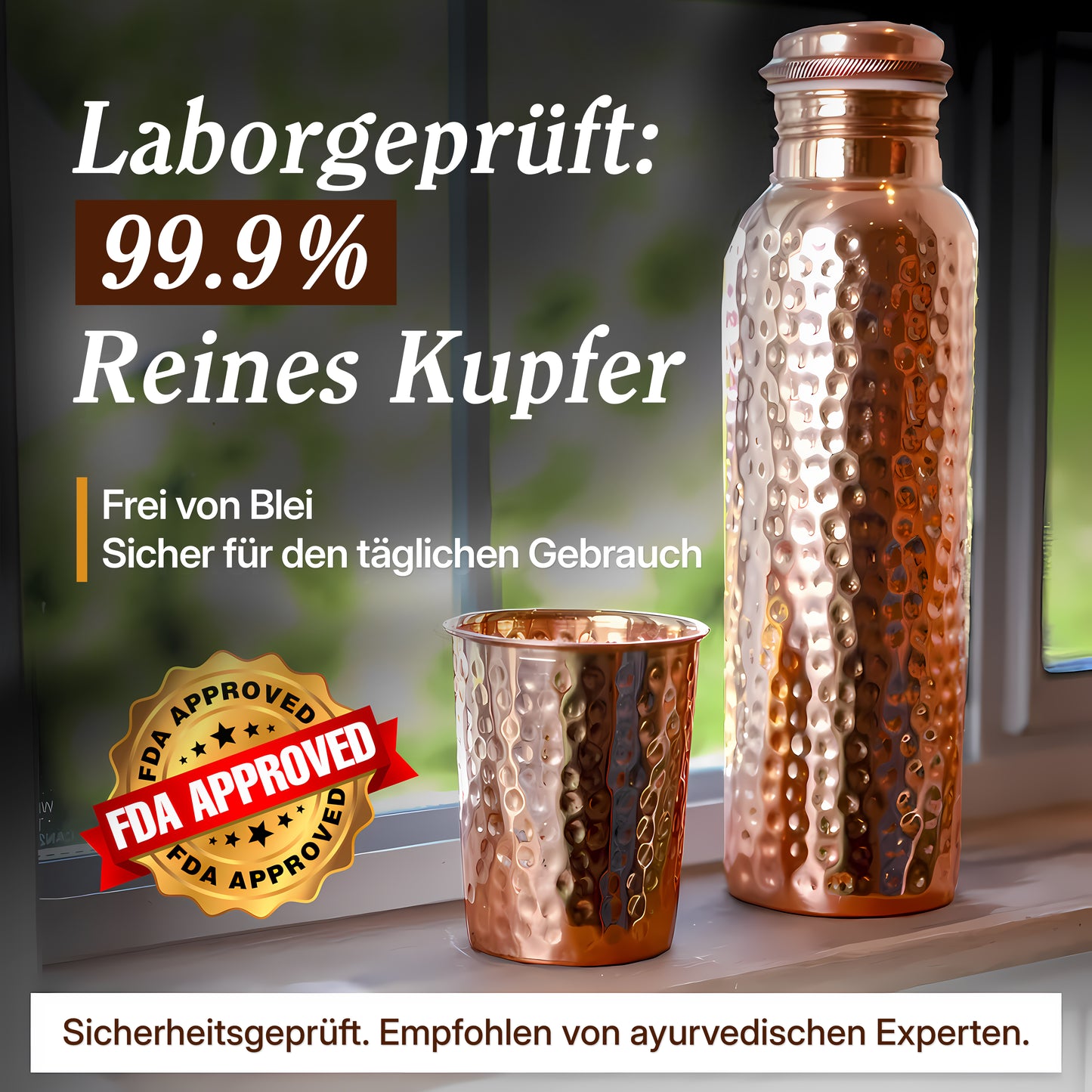 Zertifizierte Ayurveda® Reine Kupfer--Wasserflasche –- V2 Handgehämmerte Edition