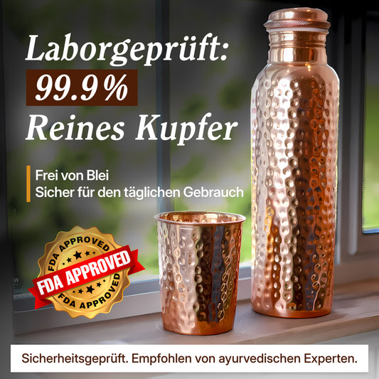 Zertifizierte Ayurveda® Reine Kupfer--Wasserflasche –- V2 Handgehämmerte Edition